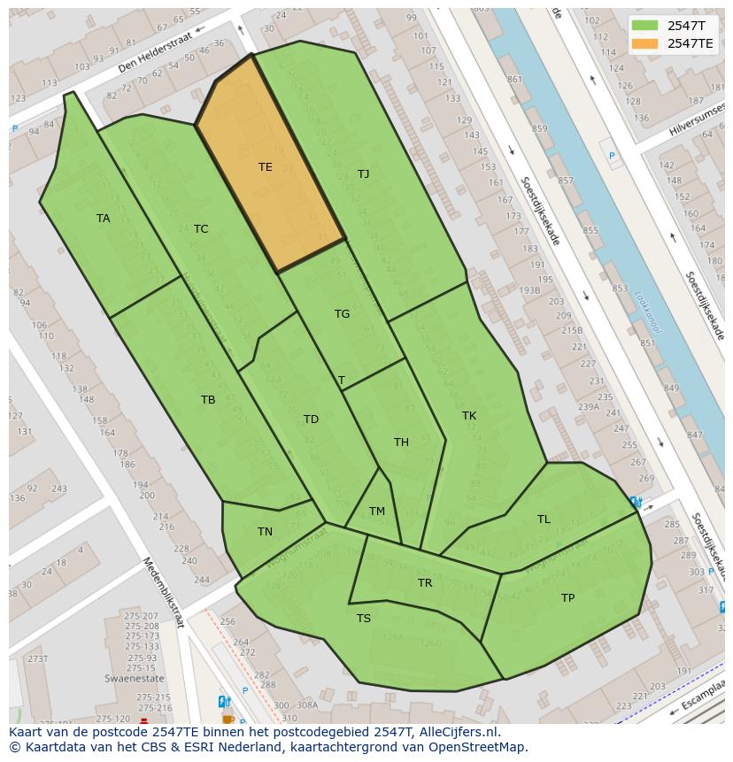 Afbeelding van het postcodegebied 2547 TE op de kaart.