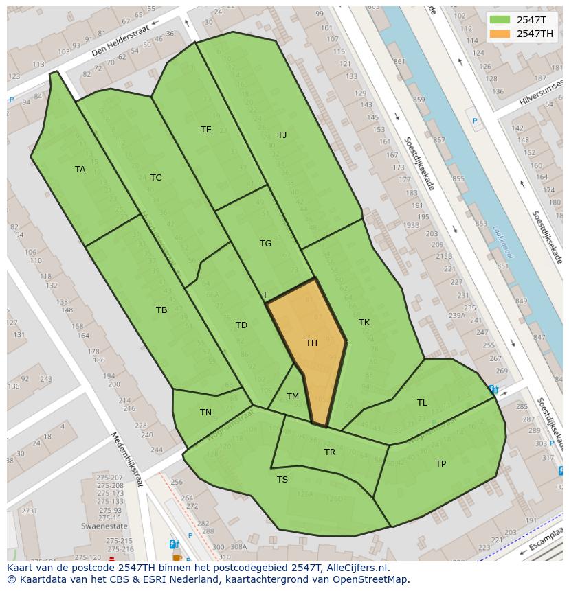 Afbeelding van het postcodegebied 2547 TH op de kaart.