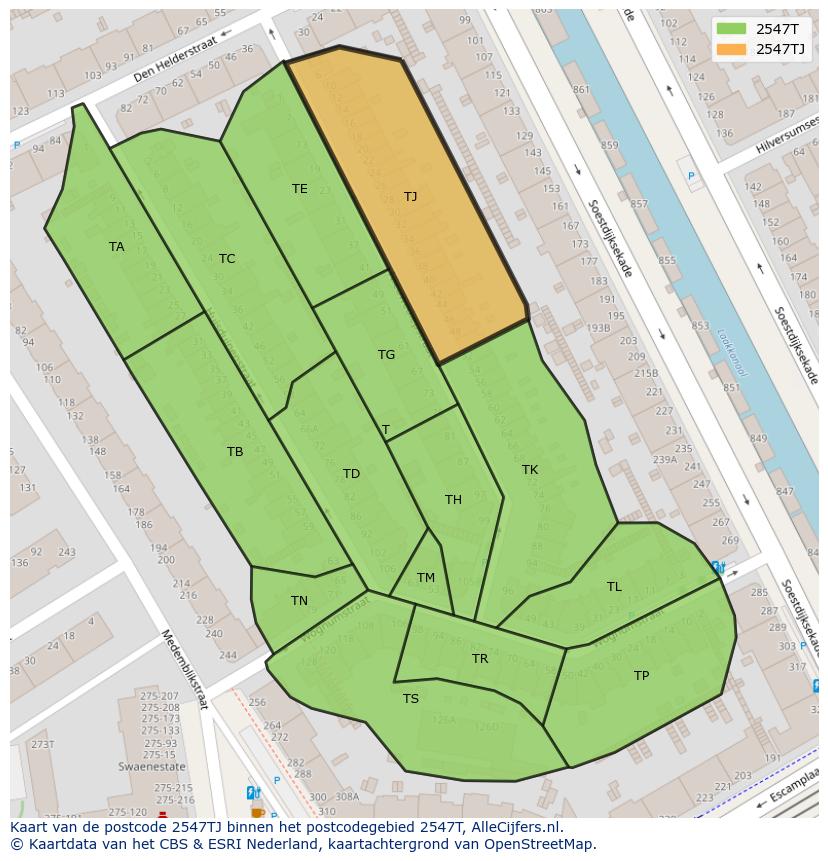 Afbeelding van het postcodegebied 2547 TJ op de kaart.
