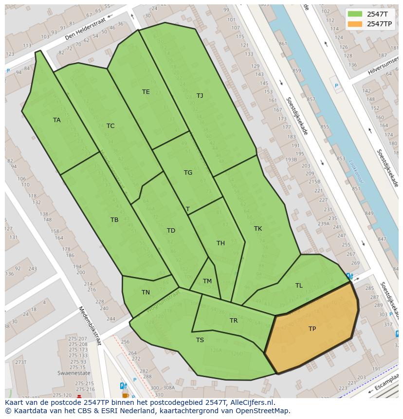 Afbeelding van het postcodegebied 2547 TP op de kaart.