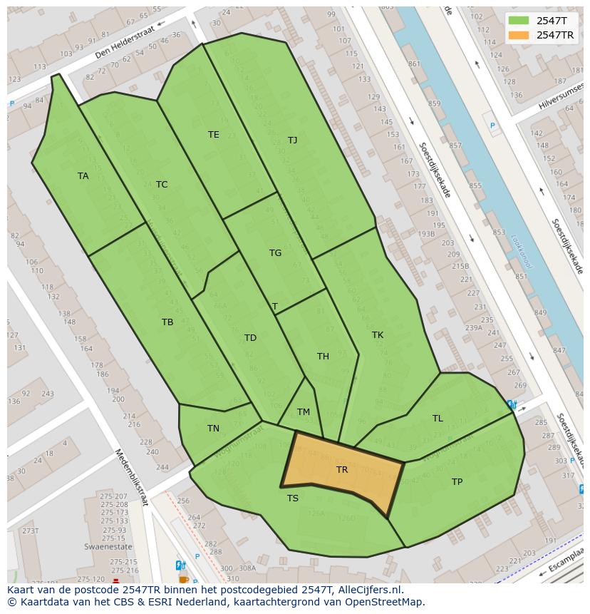 Afbeelding van het postcodegebied 2547 TR op de kaart.