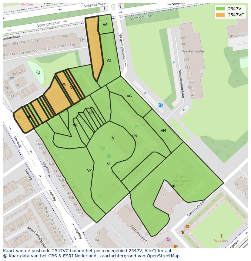 Afbeelding van het postcodegebied 2547 VC op de kaart.