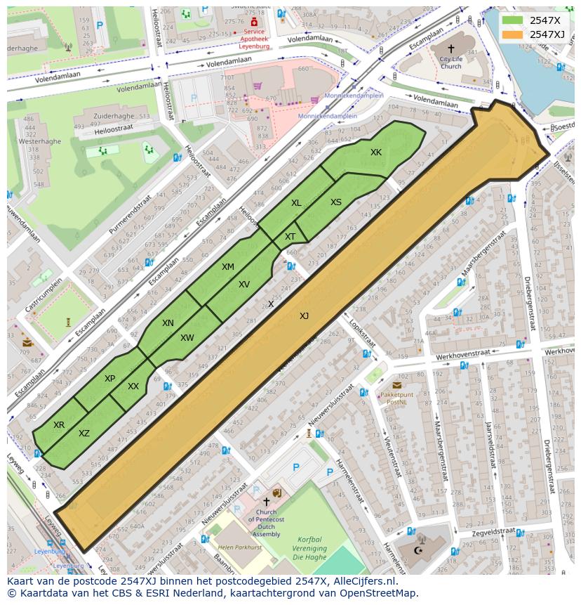 Afbeelding van het postcodegebied 2547 XJ op de kaart.
