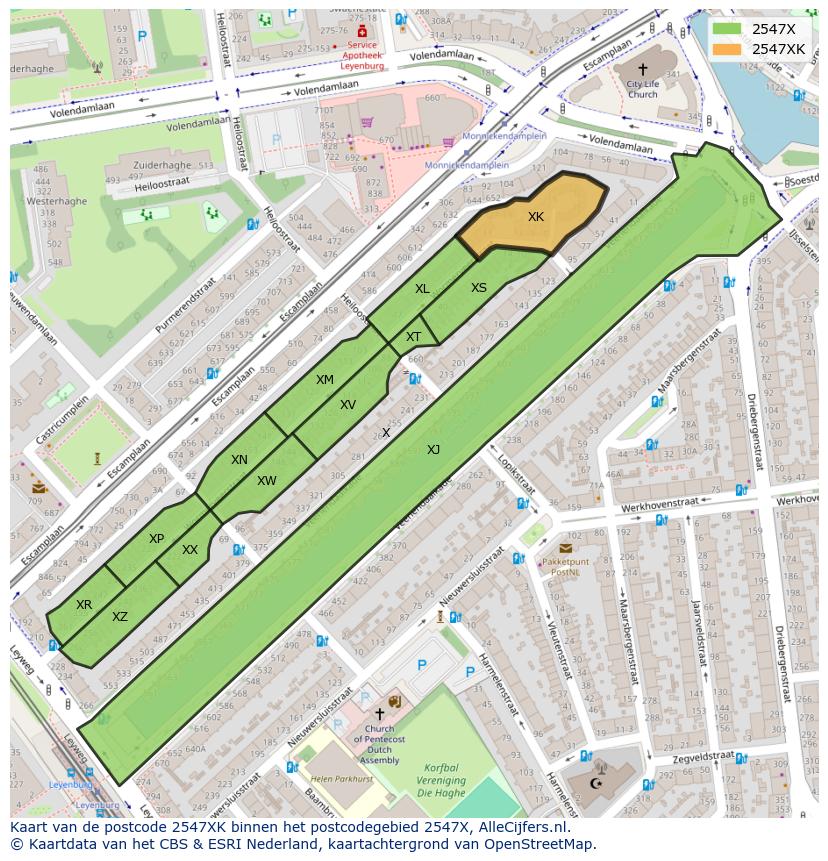 Afbeelding van het postcodegebied 2547 XK op de kaart.