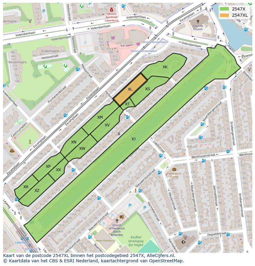 Afbeelding van het postcodegebied 2547 XL op de kaart.