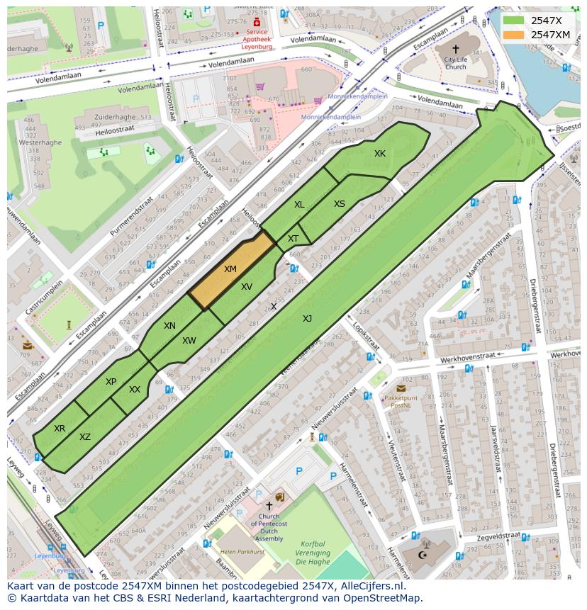 Afbeelding van het postcodegebied 2547 XM op de kaart.