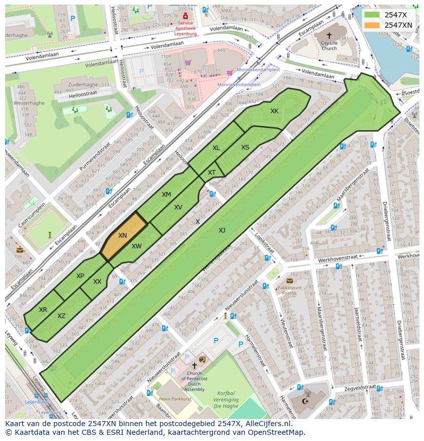Afbeelding van het postcodegebied 2547 XN op de kaart.