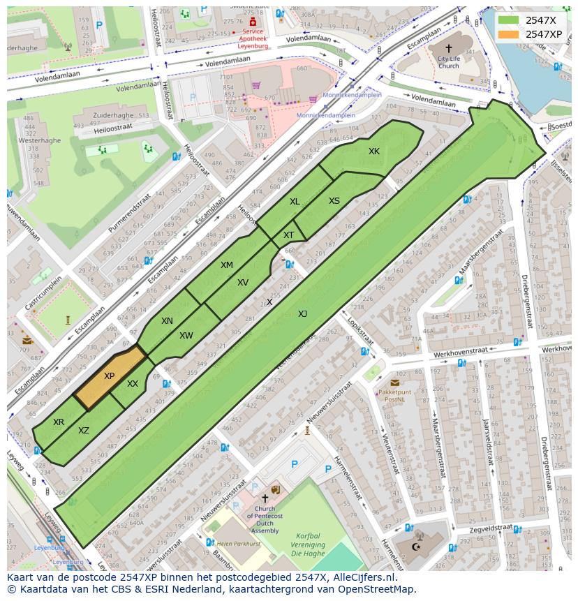 Afbeelding van het postcodegebied 2547 XP op de kaart.
