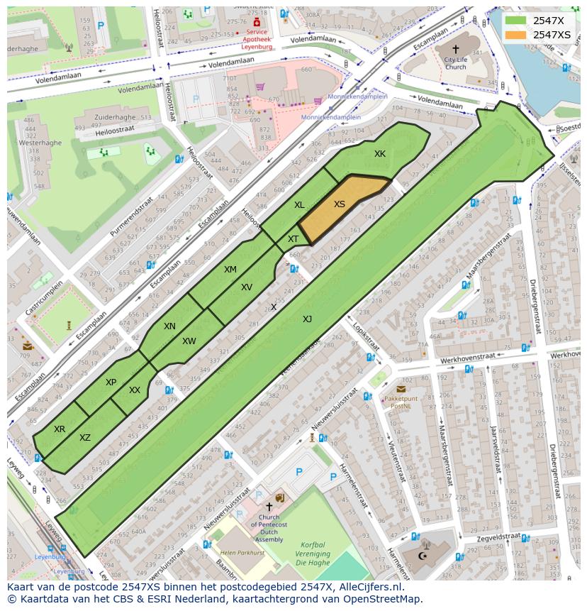Afbeelding van het postcodegebied 2547 XS op de kaart.