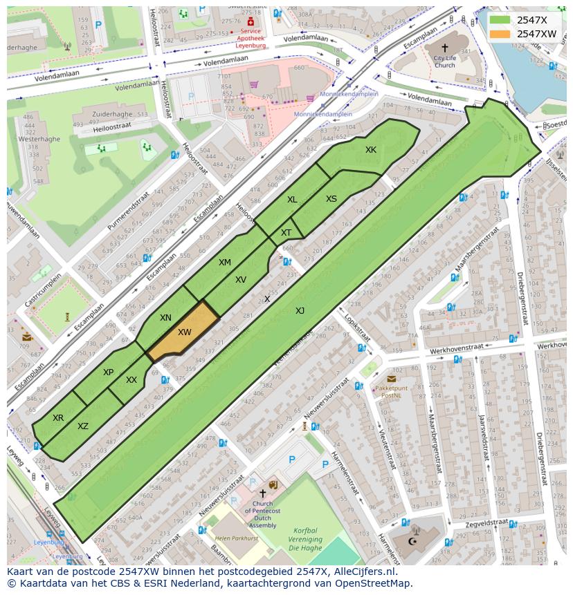 Afbeelding van het postcodegebied 2547 XW op de kaart.