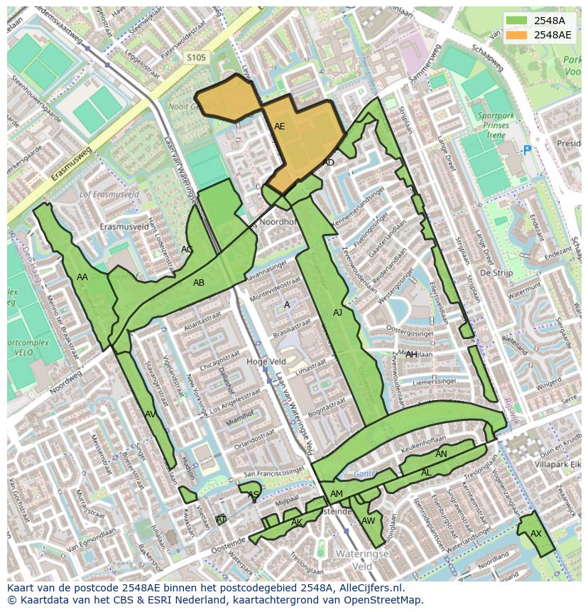 Afbeelding van het postcodegebied 2548 AE op de kaart.