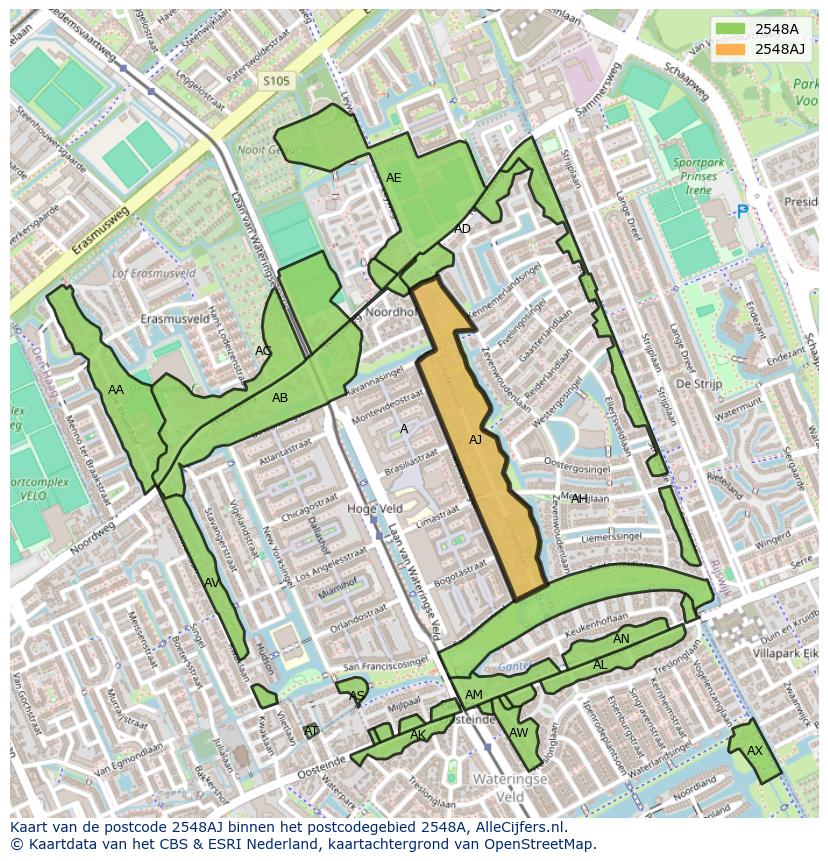 Afbeelding van het postcodegebied 2548 AJ op de kaart.
