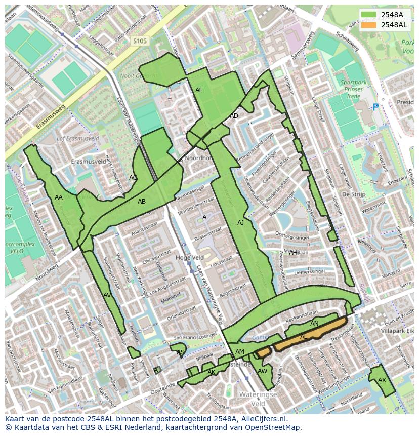 Afbeelding van het postcodegebied 2548 AL op de kaart.