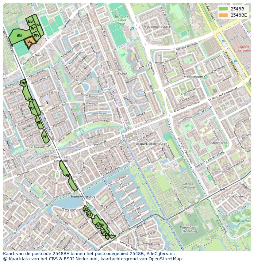 Afbeelding van het postcodegebied 2548 BE op de kaart.