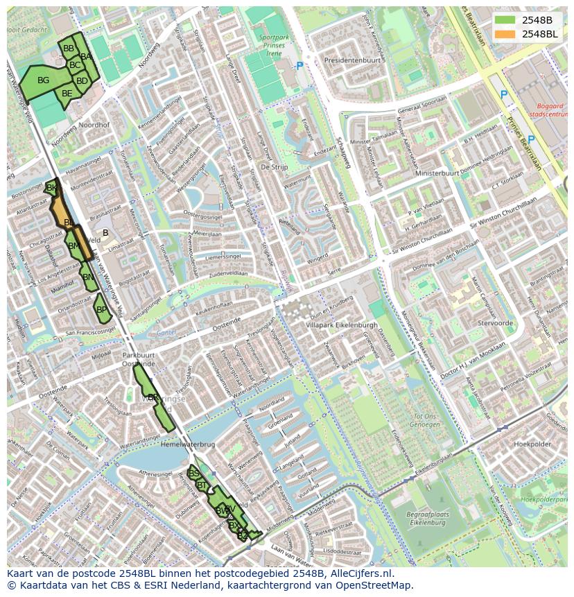 Afbeelding van het postcodegebied 2548 BL op de kaart.