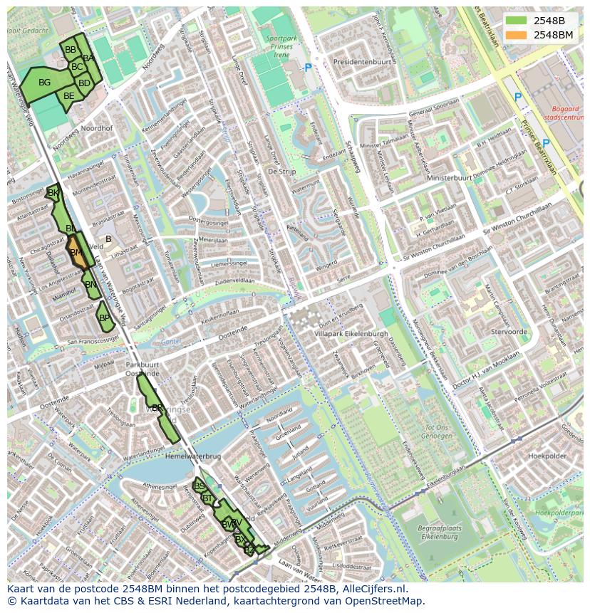 Afbeelding van het postcodegebied 2548 BM op de kaart.