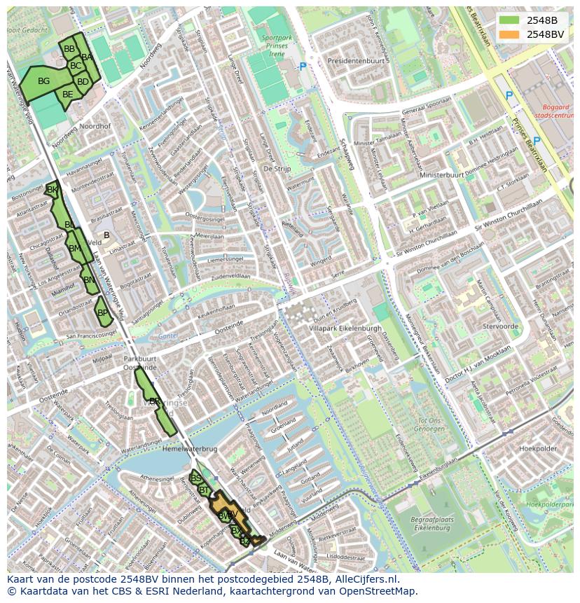 Afbeelding van het postcodegebied 2548 BV op de kaart.