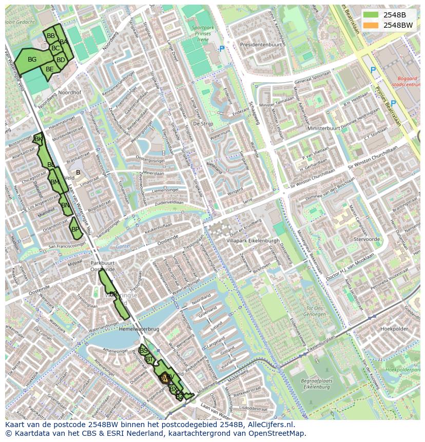 Afbeelding van het postcodegebied 2548 BW op de kaart.
