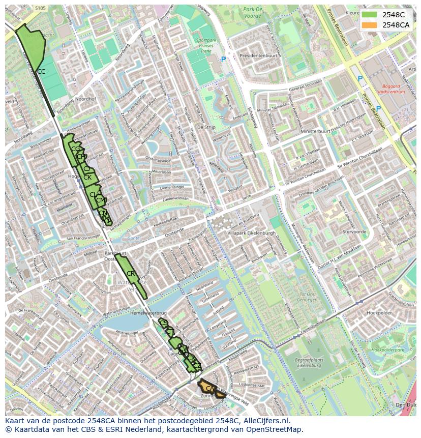 Afbeelding van het postcodegebied 2548 CA op de kaart.