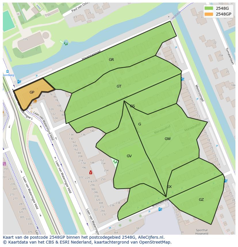 Afbeelding van het postcodegebied 2548 GP op de kaart.