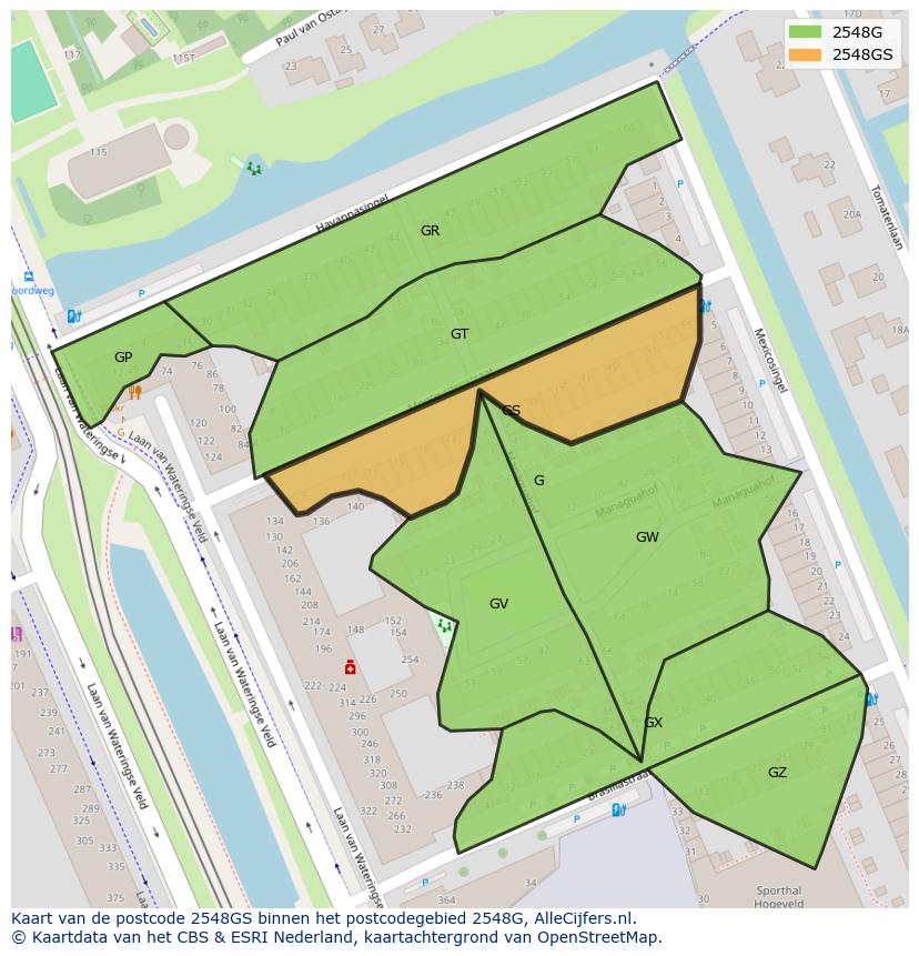 Afbeelding van het postcodegebied 2548 GS op de kaart.