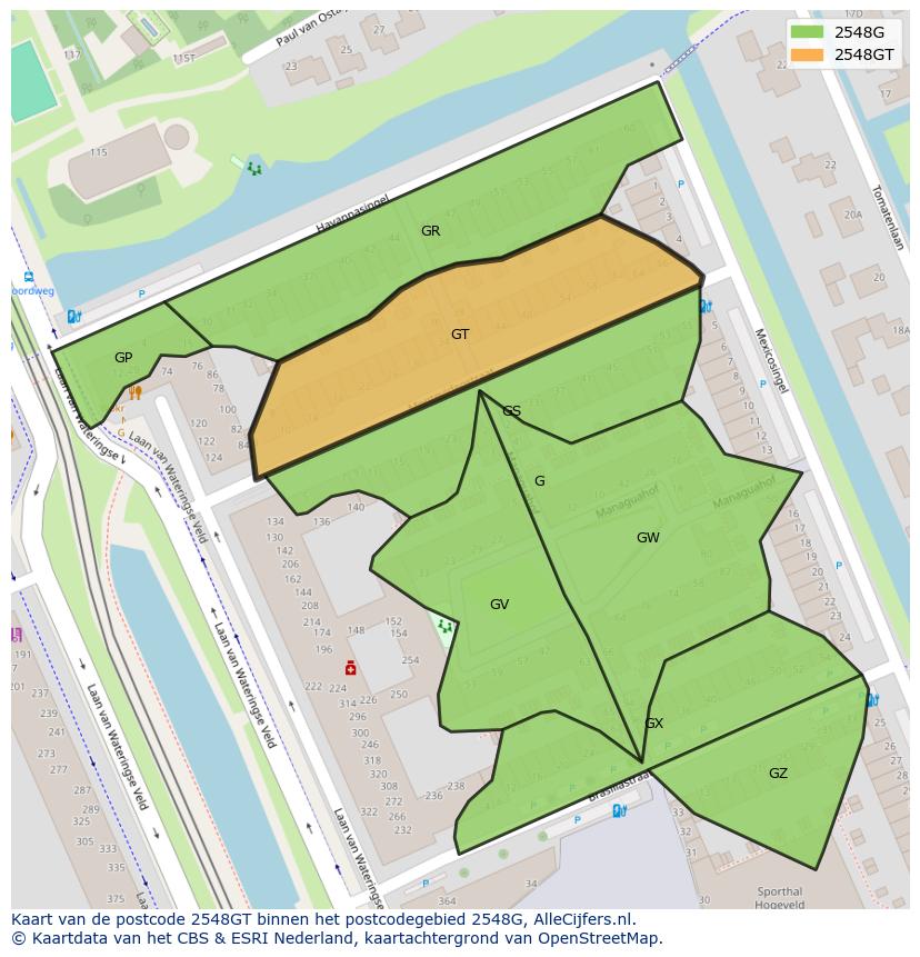 Afbeelding van het postcodegebied 2548 GT op de kaart.