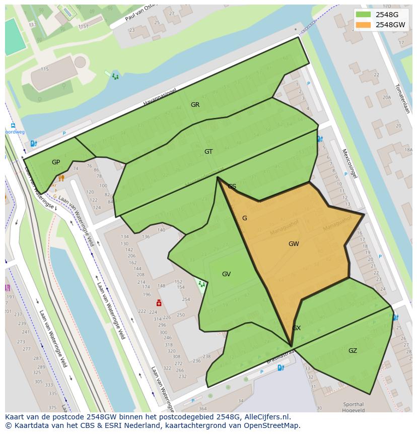 Afbeelding van het postcodegebied 2548 GW op de kaart.