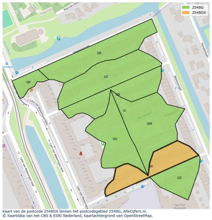 Afbeelding van het postcodegebied 2548 GX op de kaart.