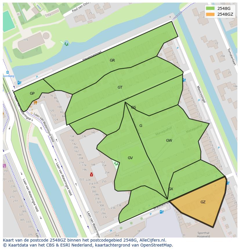 Afbeelding van het postcodegebied 2548 GZ op de kaart.