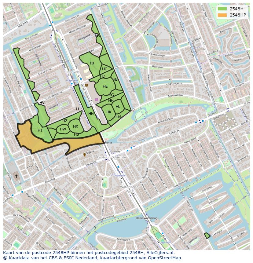 Afbeelding van het postcodegebied 2548 HP op de kaart.