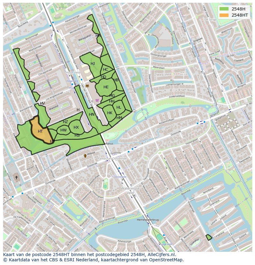 Afbeelding van het postcodegebied 2548 HT op de kaart.