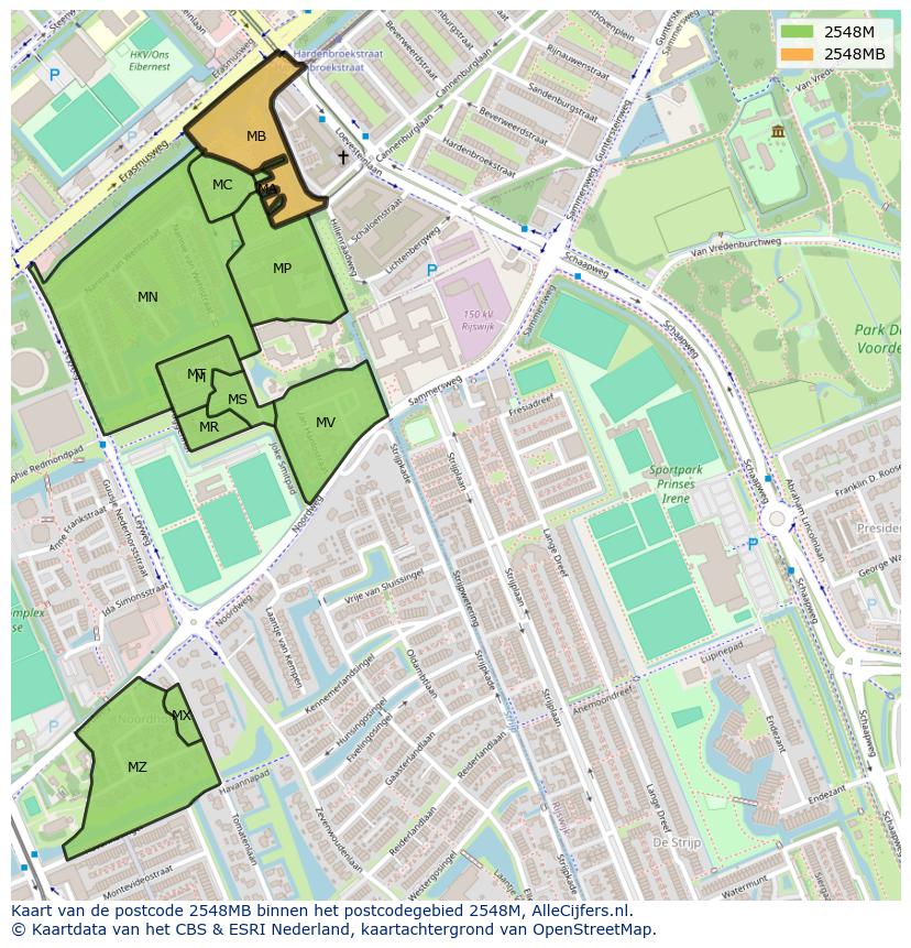 Afbeelding van het postcodegebied 2548 MB op de kaart.