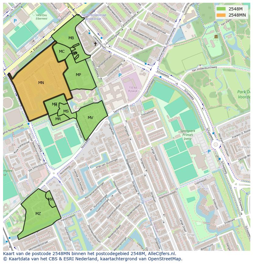 Afbeelding van het postcodegebied 2548 MN op de kaart.