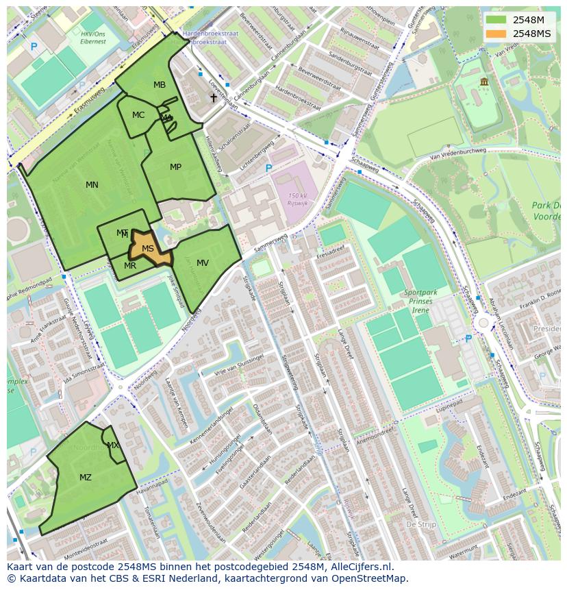 Afbeelding van het postcodegebied 2548 MS op de kaart.