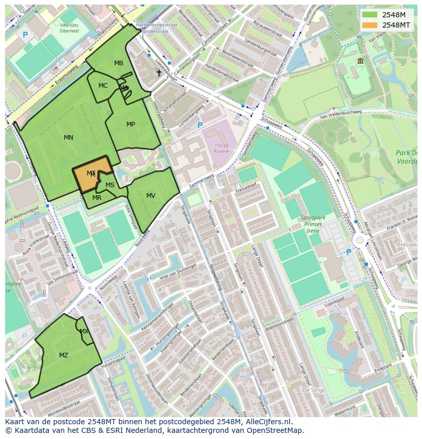 Afbeelding van het postcodegebied 2548 MT op de kaart.