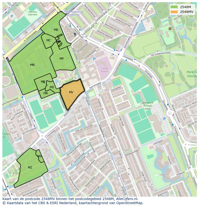 Afbeelding van het postcodegebied 2548 MV op de kaart.