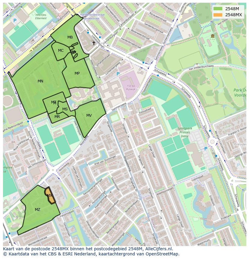 Afbeelding van het postcodegebied 2548 MX op de kaart.