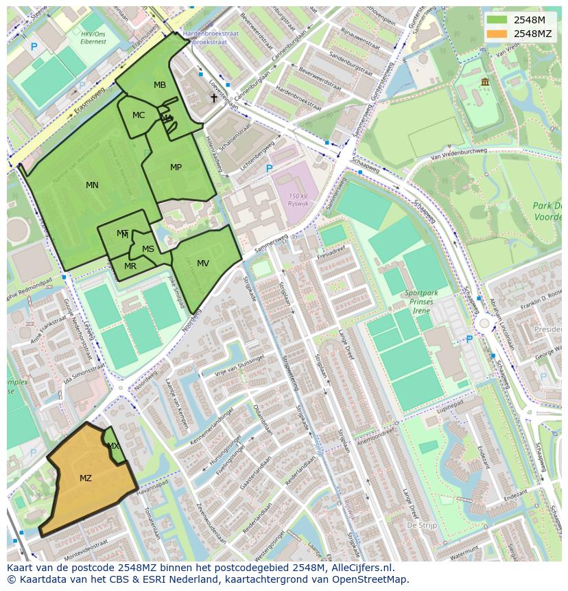 Afbeelding van het postcodegebied 2548 MZ op de kaart.
