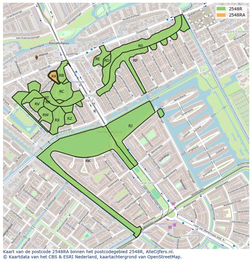Afbeelding van het postcodegebied 2548 RA op de kaart.