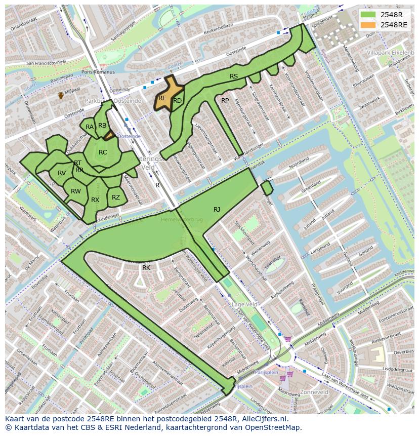 Afbeelding van het postcodegebied 2548 RE op de kaart.
