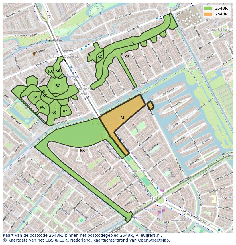 Afbeelding van het postcodegebied 2548 RJ op de kaart.