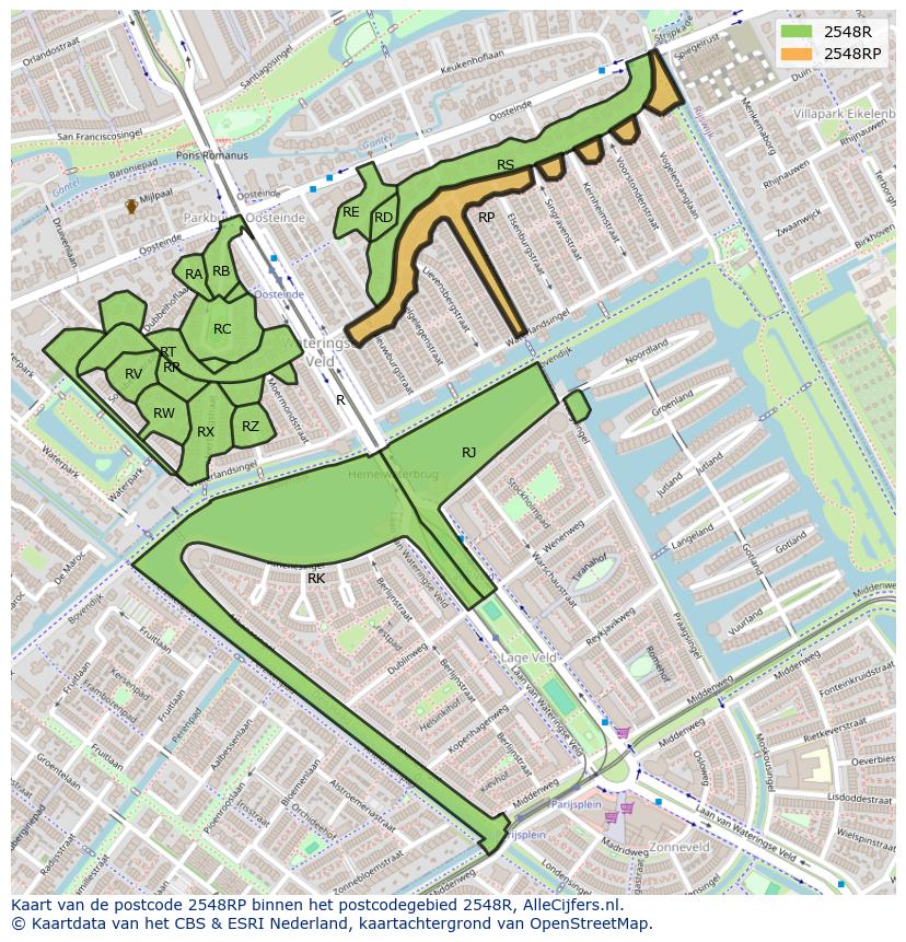 Afbeelding van het postcodegebied 2548 RP op de kaart.