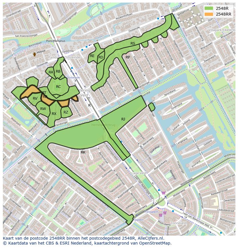 Afbeelding van het postcodegebied 2548 RR op de kaart.