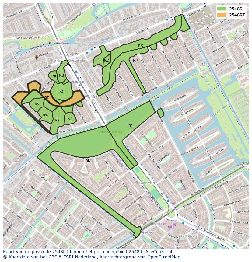 Afbeelding van het postcodegebied 2548 RT op de kaart.
