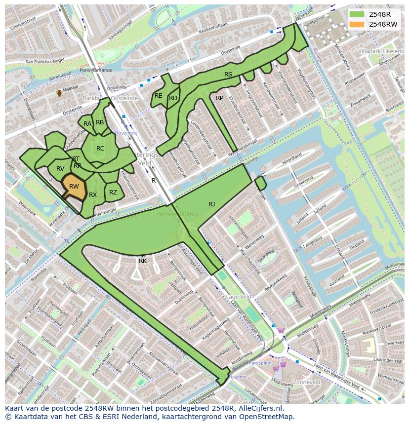 Afbeelding van het postcodegebied 2548 RW op de kaart.