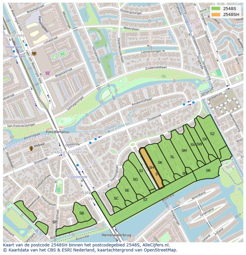 Afbeelding van het postcodegebied 2548 SH op de kaart.