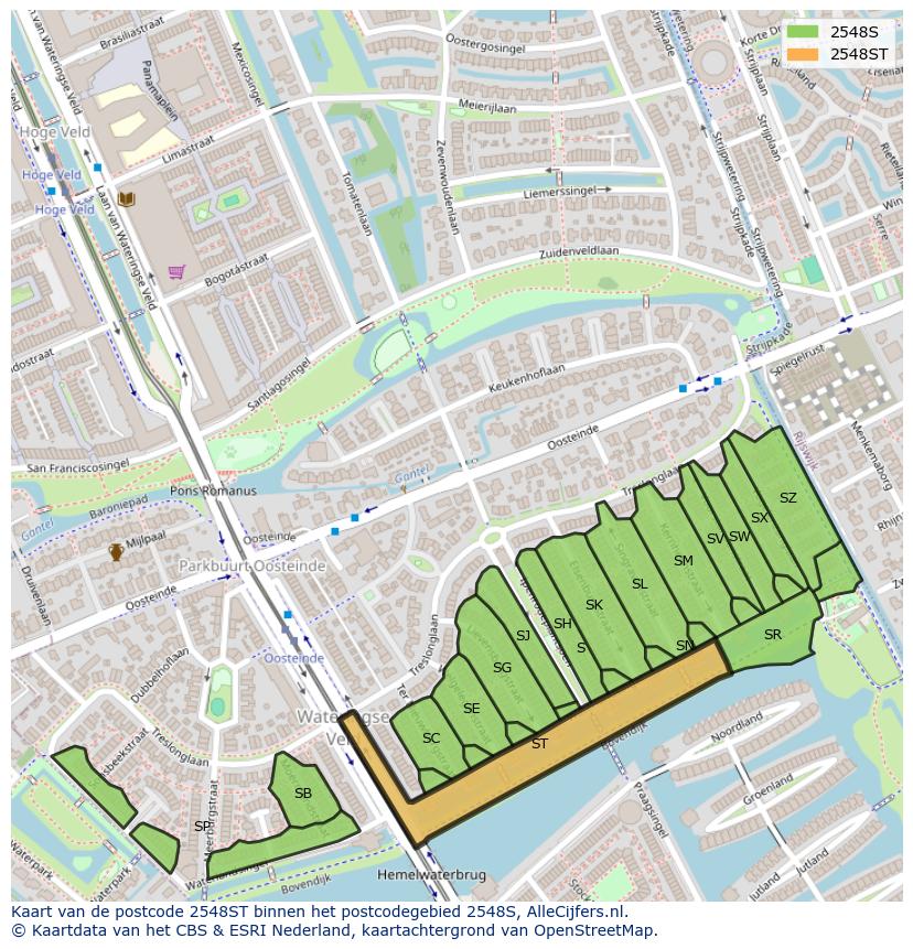 Afbeelding van het postcodegebied 2548 ST op de kaart.