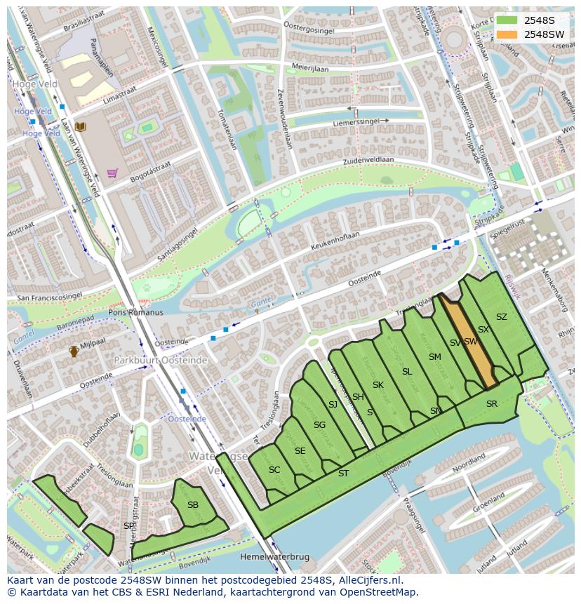 Afbeelding van het postcodegebied 2548 SW op de kaart.