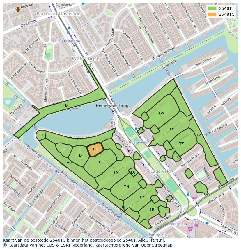Afbeelding van het postcodegebied 2548 TC op de kaart.