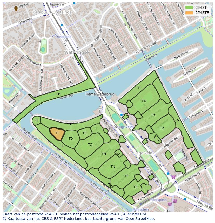 Afbeelding van het postcodegebied 2548 TE op de kaart.